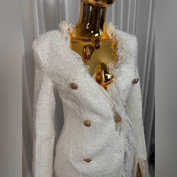 White Tweed Mini Dress Gold Buttons Sz 0 - Picture 2 of 8